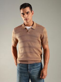 Tommy Hilfiger - Men Beige Textured Regular Fit Cotton Polo T-shirt