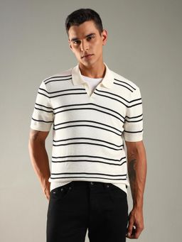 Tommy Hilfiger - Men Off White Striped Regular Fit Cotton Polo T-shirt