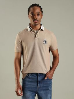 Tommy Hilfiger - Men Beige Solid Regular Fit Cotton Polo T-shirt