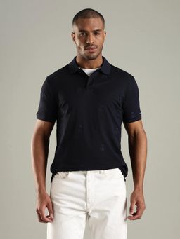 Tommy Hilfiger - Men Navy Blue Embroidered Regular Fit Cotton Polo T-shirt