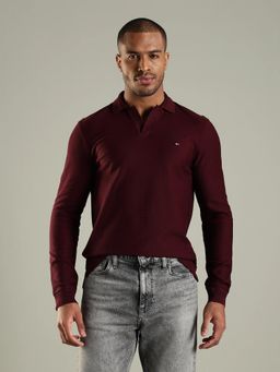 Tommy Hilfiger - Men Maroon Textured Regular Fit Cotton Polo T-shirt