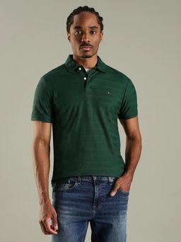 Tommy Hilfiger - Men Green Textured Regular Fit Cotton Polo T-shirt