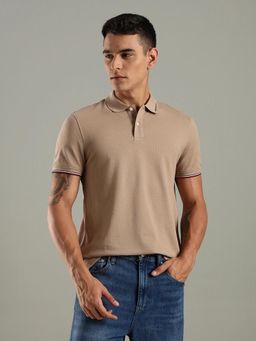 Tommy Hilfiger - Men Beige Solid Regular Fit Cotton Polo T-shirt