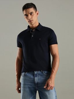 Tommy Hilfiger - Men Navy Blue Solid Regular Fit Cotton Polo T-shirt
