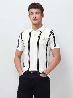 U.S. Polo Assn. Denim Co. - Men White Vertical Striped Slim Fit Polo T-shirt