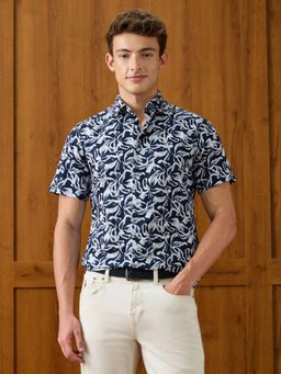 U.S. POLO ASSN. - Men Navy Blue Floral Printed Satin Shirt