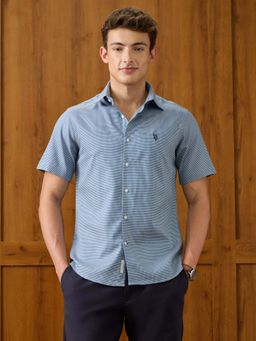 U.S. POLO ASSN. - Men Blue Textured Twill Half Sleeves Shirt