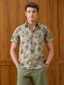 U.S. POLO ASSN. - Men Olive Tropical Printed Half Sleeves Satin Shirt