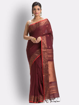 Angoshobha - Maroon Cotton Handloom Tangail Saree with Unstitched Blouse