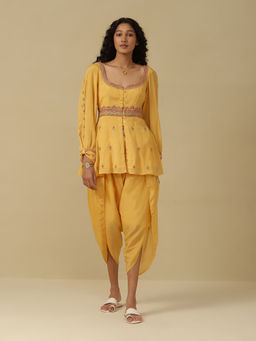 Aarke Ritu Kumar - Yellow Embroidered Kurti with Dhoti Pant (Set of 2)