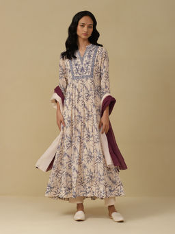Aarke Ritu Kumar - Ecru Printed Anarkali Kurta with Pant & Dupatta (Set of 3)