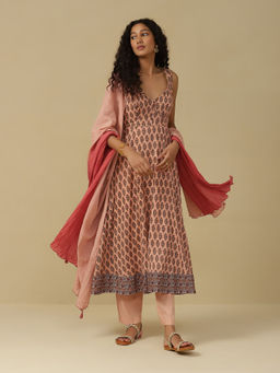 Aarke Ritu Kumar - Peach Floral Print Anarkali Kurta with Pant & Dupatta (Set of 3)