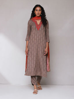 Aarke Ritu Kumar - Brown Embroidered Ikat Kurta with Bottom & Dupatta (Set of 3)