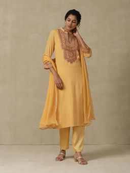 Aarke Ritu Kumar - Yellow Embroidered Kurta with Pant & Dupatta (Set of 3)