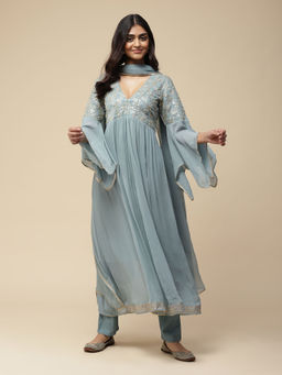 Aarke Ritu Kumar - Grey Embroidered Anarkali Kurta with Pant & Dupatta (Set of 3)