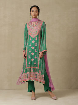 Aarke Ritu Kumar - V-Neck Full Sleeves Green Kurta with Pant & Dupatta (Set of 3)