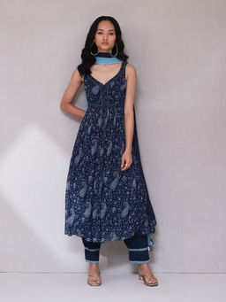 Aarke Ritu Kumar - Blue Paisley Print Anarkali Kurta with Pant & Dupatta (Set of 3)