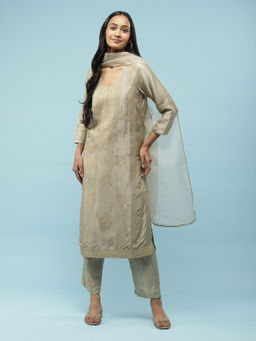 Aarke Ritu Kumar - Grey Jacquard Kurta with Pant & Dupatta (Set of 3)