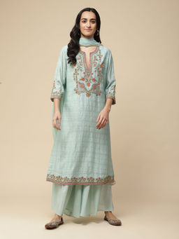 Aarke Ritu Kumar - Pastel Green Embroidered Kurta with Palazzo & Dupatta (Set of 3)