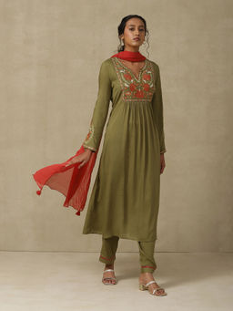 Aarke Ritu Kumar - Olive Green Floral Embroidered Kurta with Pant & Dupatta (Set of 3)
