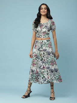 Aarke Ritu Kumar - Off White Floral Print Crop Top with Skirt Co-Ord (Set of 2)