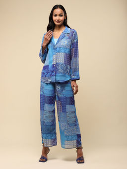 Aarke Ritu Kumar - Blue Multi-Color Abstract Print Shirt with Pant & Inner Co-Ord (Set of 3)