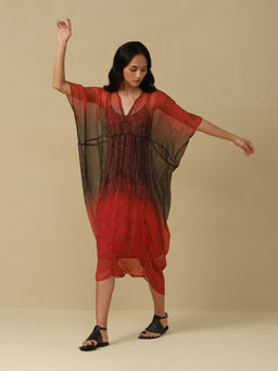 Aarke Ritu Kumar - Red Shibori Printed Kaftan Dress with Camisole (Set of 2)