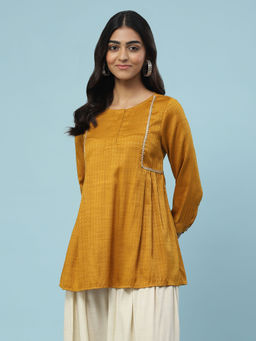 Aarke Ritu Kumar - Yellow Woven Gathered Kurti