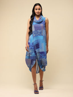 Aarke Ritu Kumar - Blue Multi-Color Abstract Print Cowl Neck Midi Dress