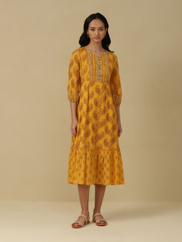 Aarke Ritu Kumar - Marigold Yellow Paisley Print Midi Dress