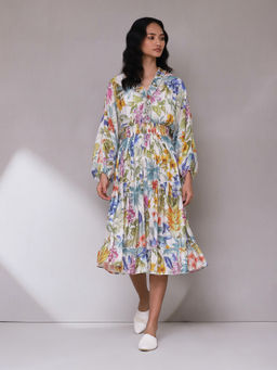 Aarke Ritu Kumar - White Floral Print Tiered Midi Dress