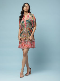 Aarke Ritu Kumar - Multi-Color Floral Print Short Dress with Camisole (Set of 2)