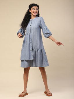 Aarke Ritu Kumar - Blue Solid Double Hem Knee Length Dress