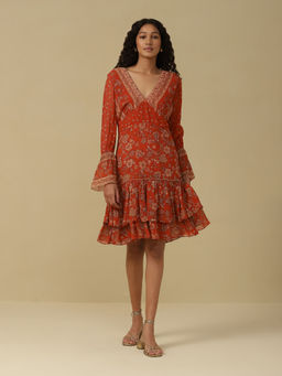 Aarke Ritu Kumar - Rust Floral Print Short Dress