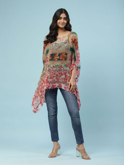 Aarke Ritu Kumar - Multi-Color Floral Print Asymmetric Top with Camisole (Set of 2)
