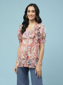 Aarke Ritu Kumar - Multi-Color Printed Button Down Top with Ruffles with Camisole (Set of 2)