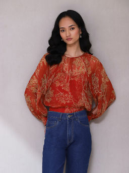 Aarke Ritu Kumar - Red Green Printed Top with Camisole (Set of 2)