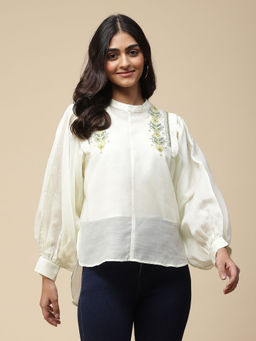 Aarke Ritu Kumar - Lemon Yellow Embroidered Top with Balloon Sleeves