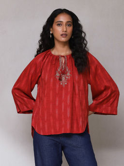 Aarke Ritu Kumar - Red Embroidered Ikat Top