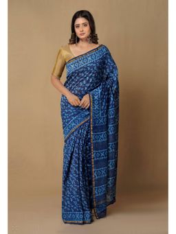 Unnati Silks - Navy Blue Pure Chanderi Cotton Saree with Unstitched Blouse