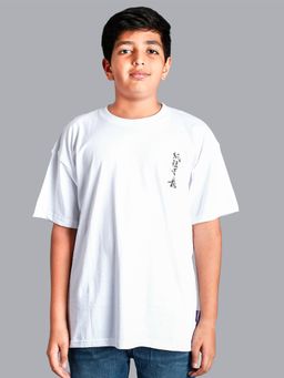 KiddoPanti - Boys Cotton Warrior Over Sized Round Neck T-shirt - White