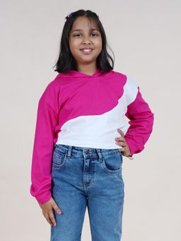 KiddoPanti - Girls Cotton Crop Length Full Sleeves Cut Sew Hooded T-shirt - Pink