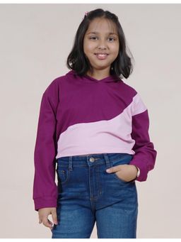 KiddoPanti - Girls Cotton Crop Length Full Sleeves Cut Sew Hooded T-shirt - Wine