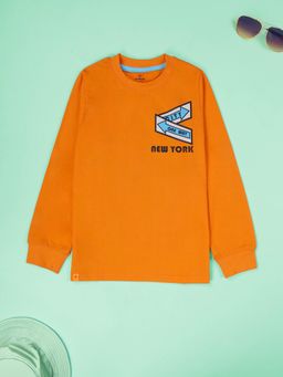 KiddoPanti - Boys Cotton New York City Round Neck Full Sleeve Casual T-shirt - Orange