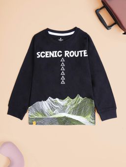 KiddoPanti - Boys Cotton Scenic Route Round Neck Full Sleeve Casual T-shirt - Black