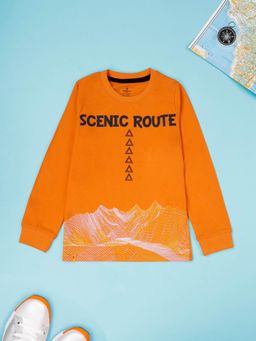 KiddoPanti - Boys Cotton Scenic Route Round Neck Full Sleeve Casual T-shirt - Orange