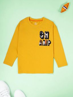 KiddoPanti - Boys Cotton Champ Printed Round Neck Full Sleeve Casual T-shirt - Yellow
