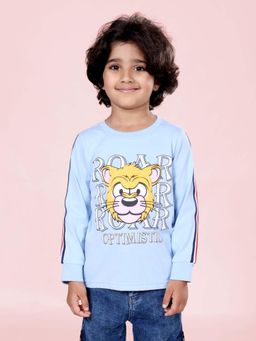 KiddoPanti - Boys Cotton Knit Full Sleeves Tiger Roar Round Neck T-shirt - Blue