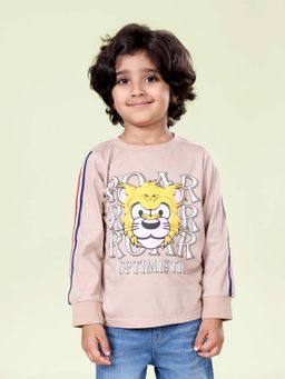 KiddoPanti - Boys Cotton Knit Full Sleeves Tiger Roar Round Neck T-shirt - Brown