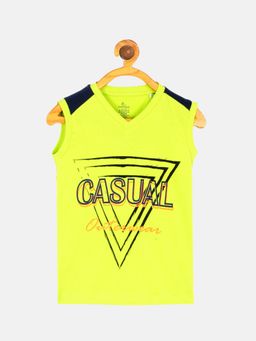 KiddoPanti - Boys Casual Chest Print V Neck Sleeveless T-shirt - Yellow